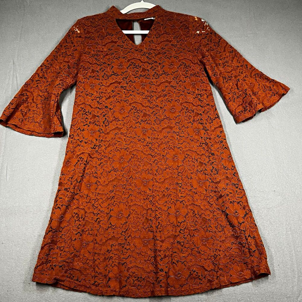 Altar'd State Brown Floral Lace V-Neck Keyhole Bell Sleeve A-Line Dress S